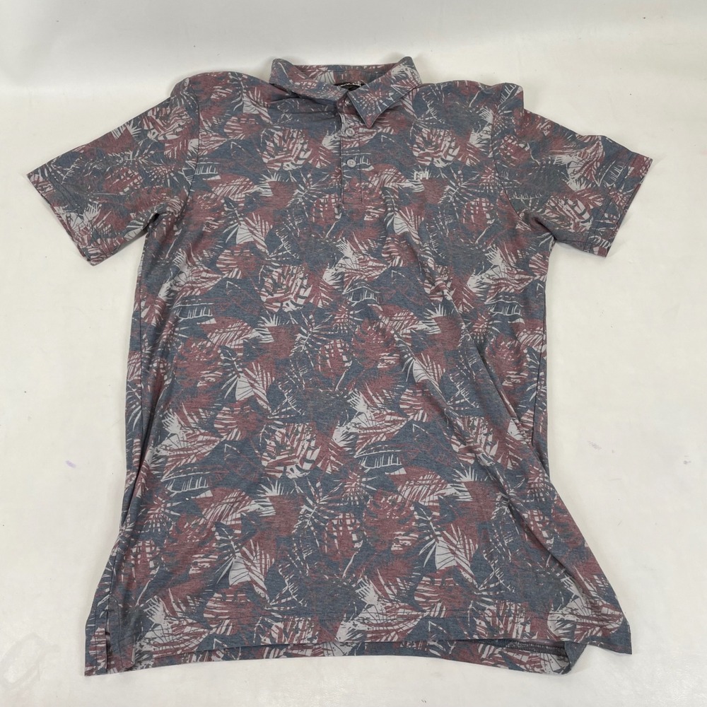 TravisMathew Mens Medium Tropical Palm Leaf Print Polo Shirt Blue Burgundy Pima